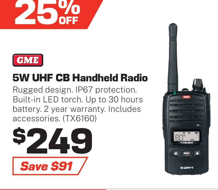 GME 5/1 watt Handheld UHF Radio with Accessory Bundle - TX6160