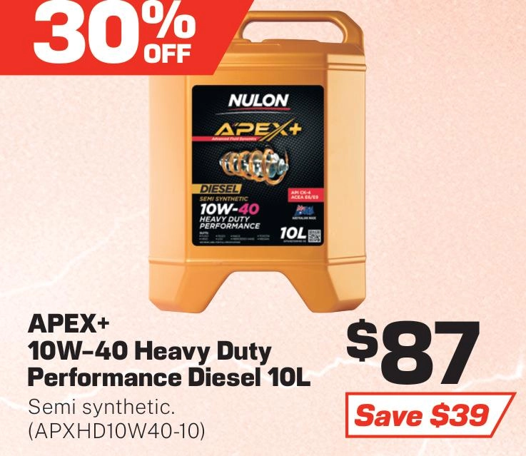 Nulon Apex+ Heavy Duty 10W-40 Diesel Engine Oil 10L - APXHD10W40-10