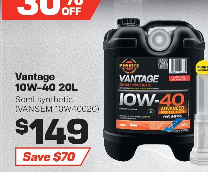 Penrite Vantage Semi Synthetic 10W-40 Engine Oil 20L - VANSEMI10W40020