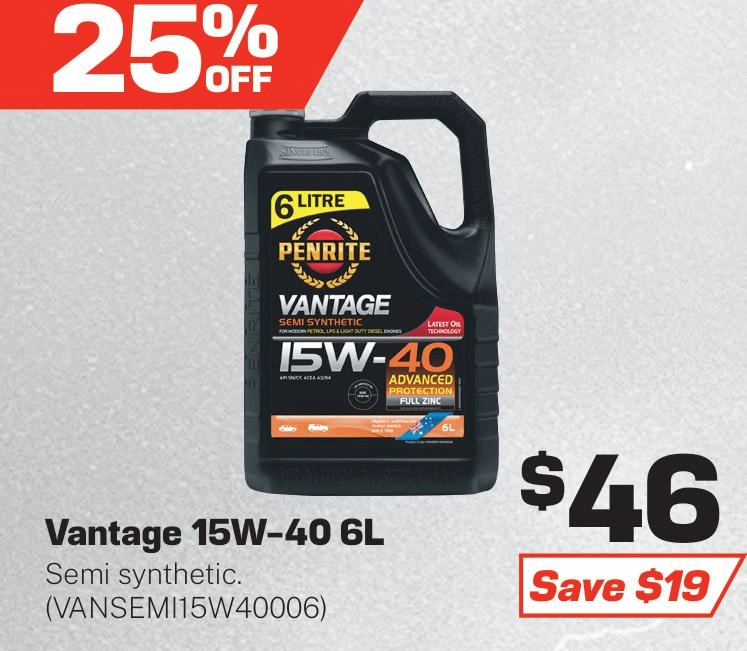 Penrite Vantage Semi Synthetic 15W-40 Engine Oil 6L - VANSEMI15W40006