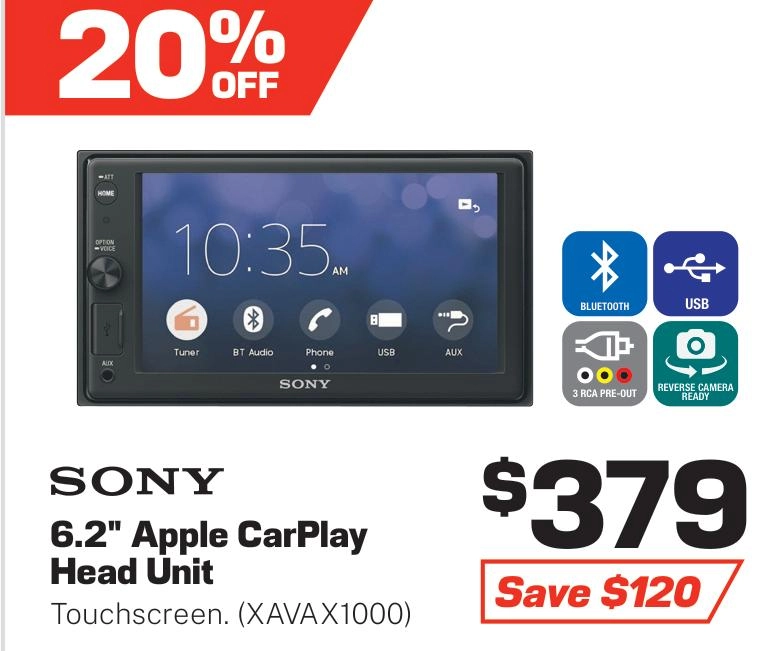 Sony 6.2Inch Touchscreen Apple CarPlay Head Unit - XAVAX1000