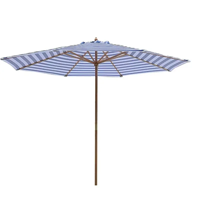 2.95m Timber Striped Market Umbrella Blue/White