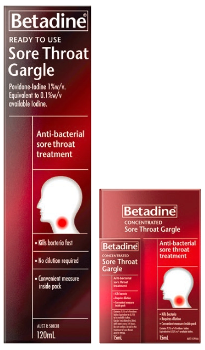 Betadine Sore Throat Gargle Ready To Use 120ml or Concentrate 15ml