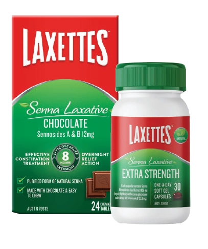 Laxettes Senna Laxative Chocolate Squares 24 Pack or Extra Strength 30 Soft Gel Capsules