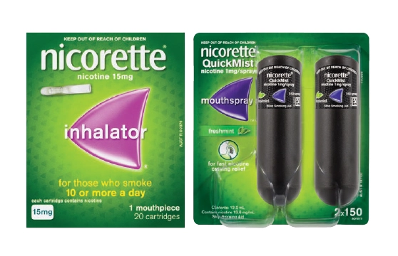 Nicorette Inhalator 15mg 20 cartridges or Quick Mist Mouth Spray Freshmint 1mg 300 doses