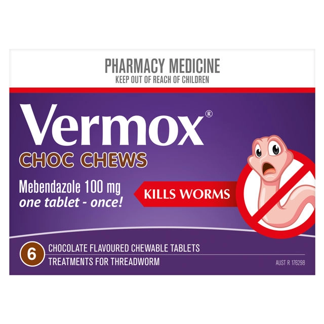 Vermox Mebendazole 100mg 6 Chocolate Chewable Tablets