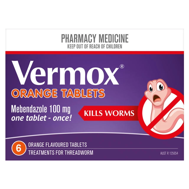 Vermox Mebendazole 100mg 6 Orange Tablets