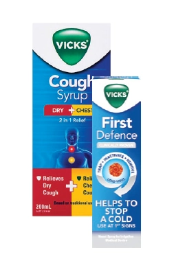 Vicks 2 In 1 Dry + Chesty Cough Syrup 200ml or First Defence Nasal Spray