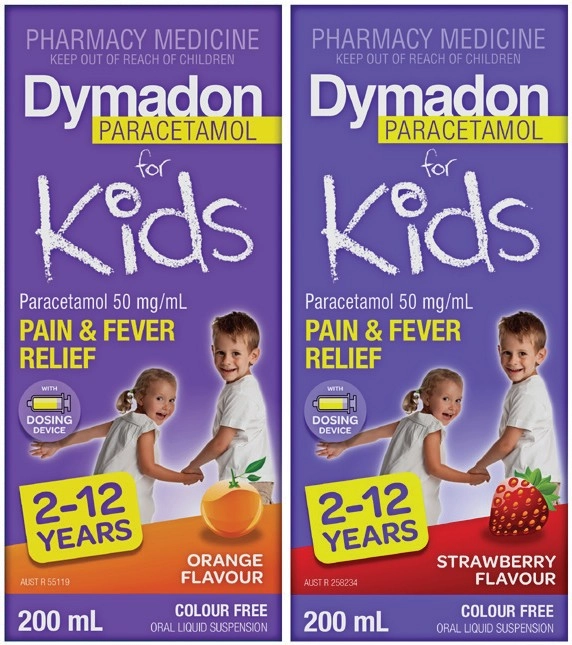 Dymadon Paracetamol for Kids 2-12 Years Orange or Strawberry Flavour 200mL