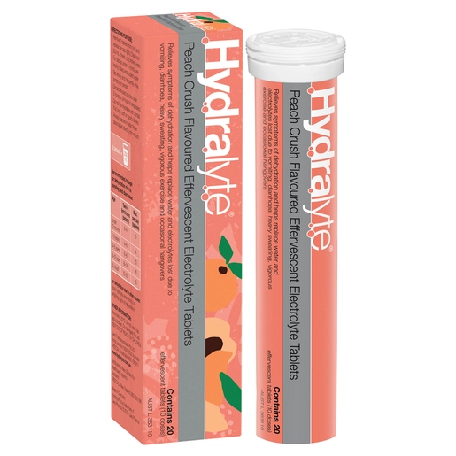 Hydralyte Peach Crush Flavoured Electrolyte 20 Effervescent Tablets