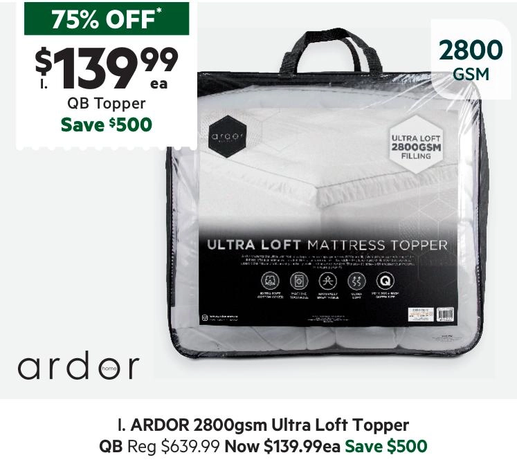 Ardor 2800GSM Ultra Loft Mattress Topper White Queen