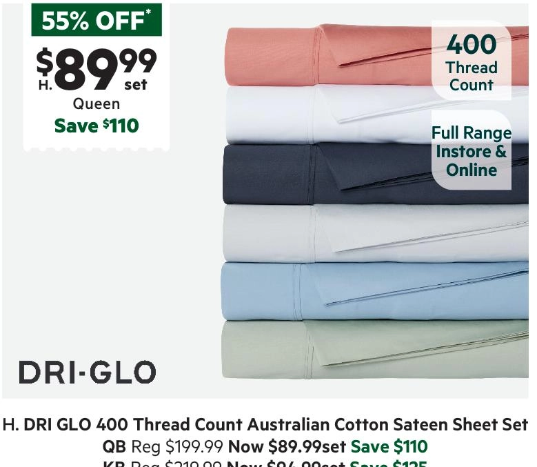 Dri Glo 400 Thread Count Australian Cotton Sateen Sheet Set