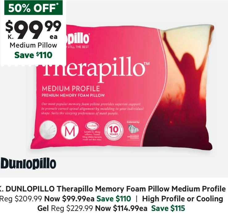 Dunlopillo Therapillo Memory Foam Medium Profile Pillow White Standard