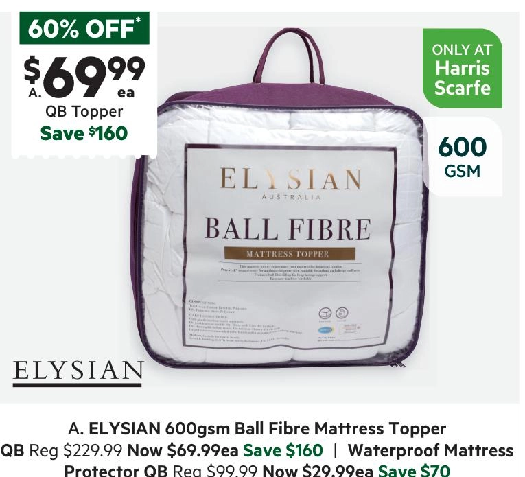 Elysian Ball Fibre 600 GSM Mattress Topper White Queen