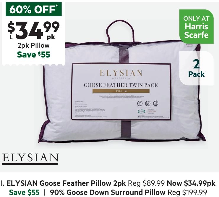 Elysian Goose Feather Pillow 2 Pack White Standard