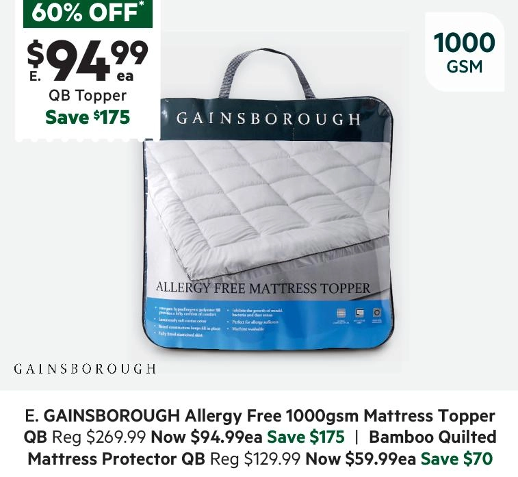 Gainsborough 1000 GSM Allergy Free Mattress Topper Queen Bed Queen