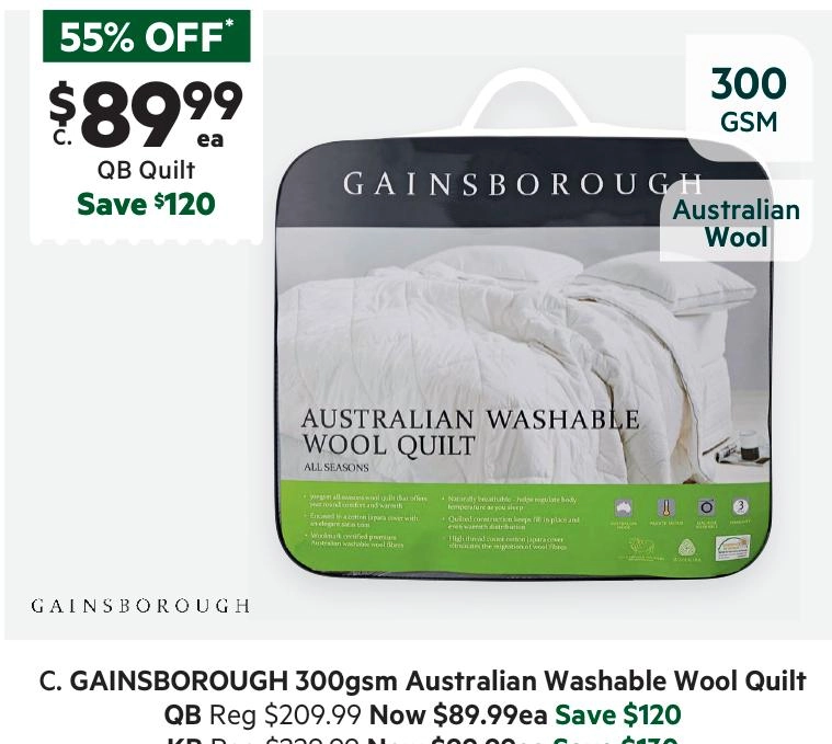 Gainsborough 300 GSM All Seasons Australian Washable Wool Quilt Super King