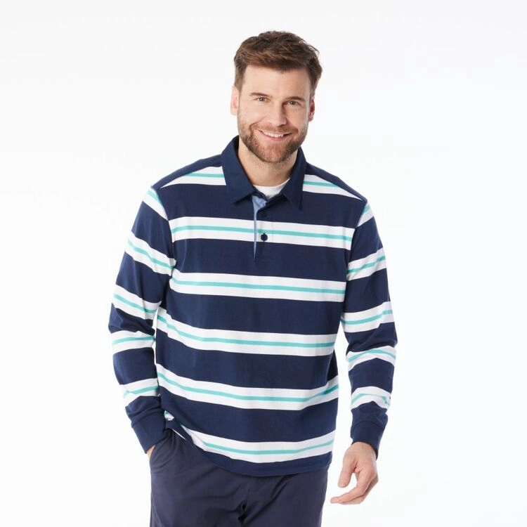 JC Lanyon Men’s Carrick Funnel Neck Engineered Stripe Rugby Shirt White & Navy