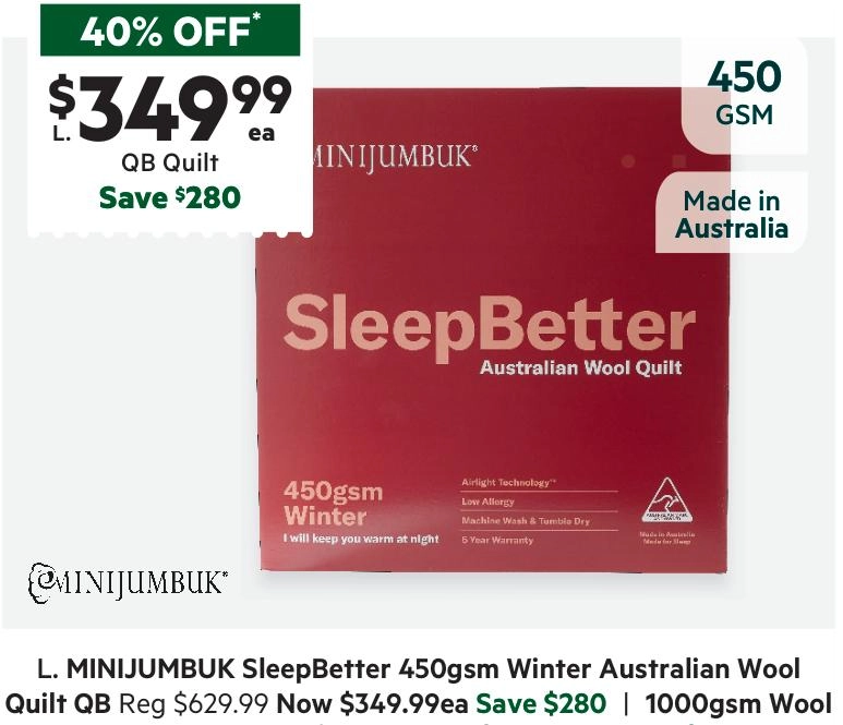 MiniJumbuk 450 GSM Sleep Better Winter Australian Wool Quilt White Queen