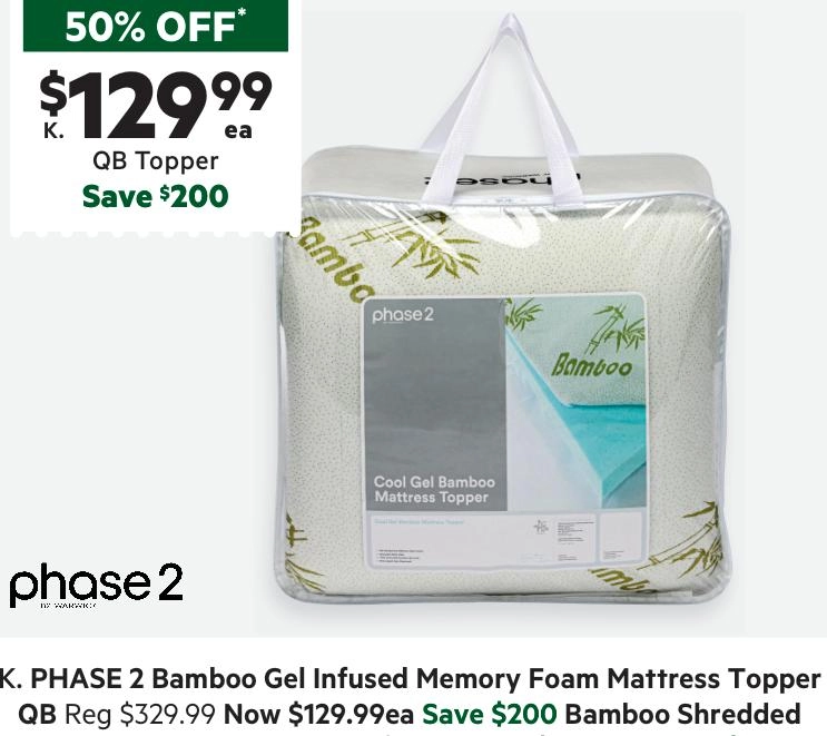 Phase 2 Bamboo Gel Infused Mattress Topper White Queen