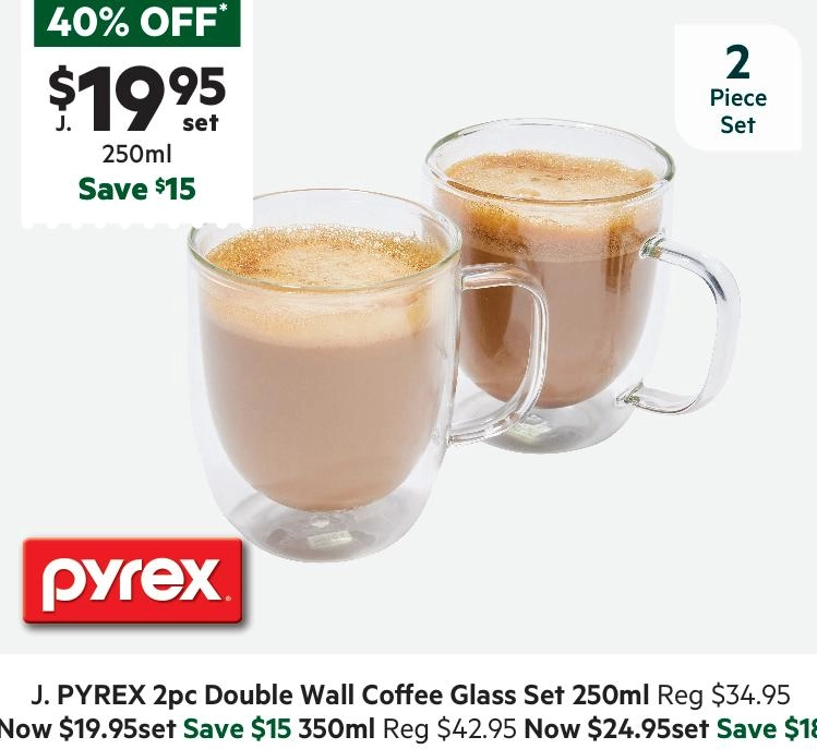 Pyrex Double Wall 250 ml 2-Piece Coffee/Tea Mug Set