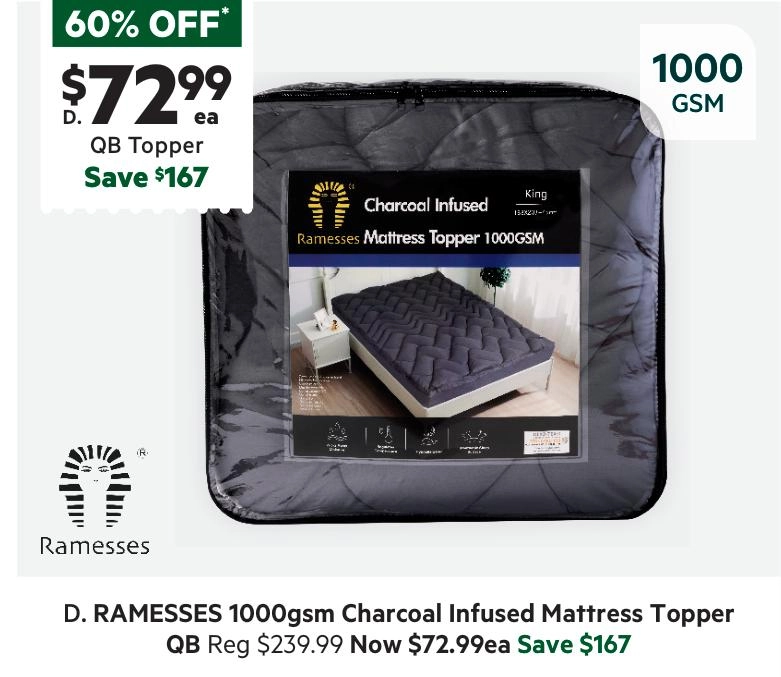 Ramesses 1000 GSM Charcoal Infused Mattress Topper Queen