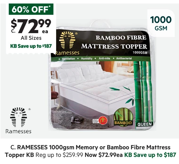 Ramesses 1000 GSM Memory Fibre Mattress Topper White King Bed