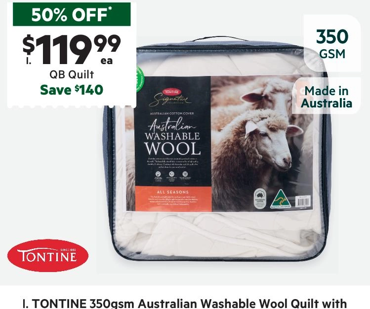 Tontine 350 GSM Washable Australian Wool All Seasons With Cotton Cover Quilt White