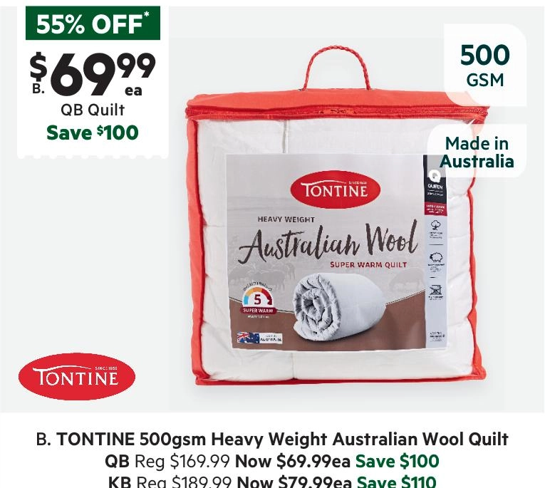 Tontine 500 GSM Heavy Weight Australian Wool Quilt