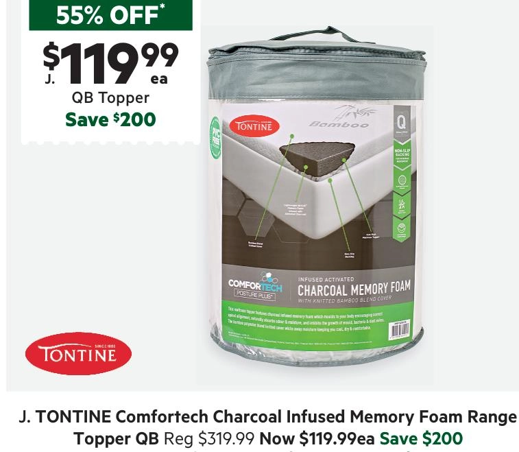 Tontine Comfortech Charcoal Infused Memory Foam Topper Queen