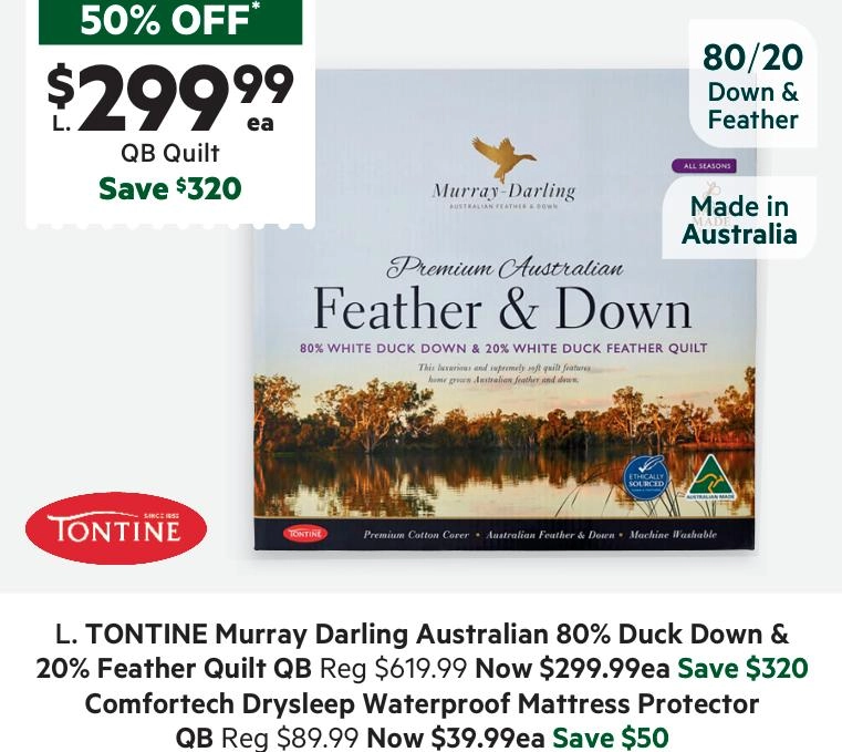 Tontine Murray Darling 80/20 Australian White Duck Down & Feather Quilt Queen