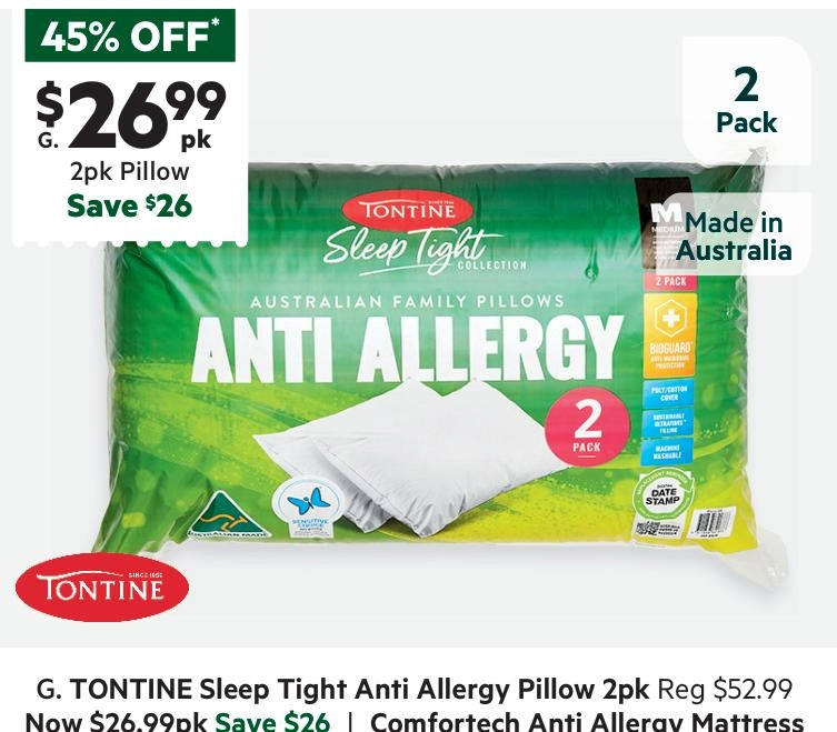 Tontine SleepTight Anti Allergy Medium Pillow 2 Pack