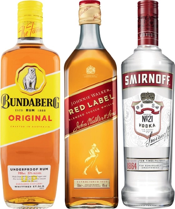 Bundaberg UP Rum, Johnnie Walker Red Label Scotch or Smirnoff Red Label Vodka 700mL