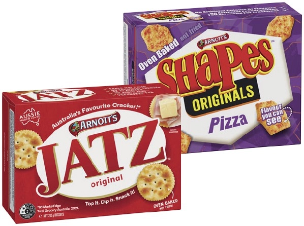 Arnott’s Shapes 160-190g, Jatz or Savoy 225g or Clix 250g Selected Varieties