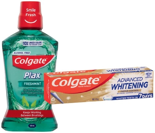 Colgate Advanced Whitening or MaxFresh Toothpaste 115g, Mouthwash 500mL or Toothbrush 1 Pack Selected Varieties