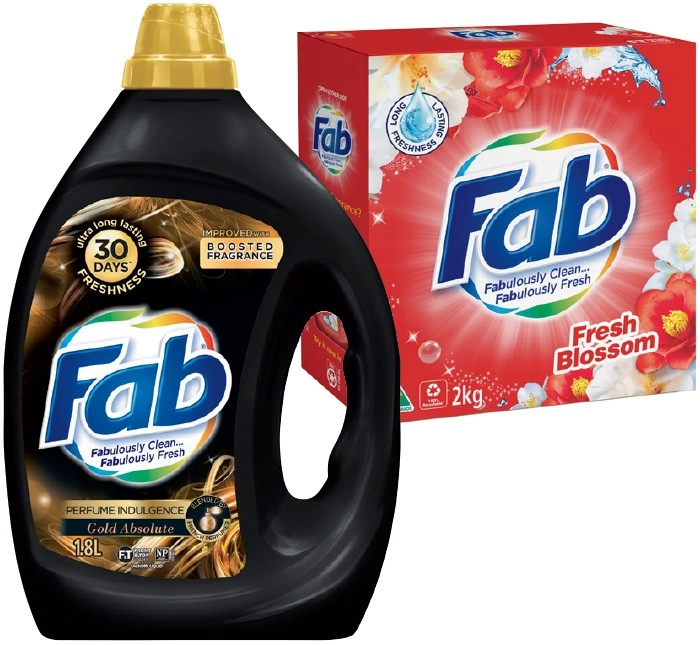 Fab Laundry Liquid 1.8‑2 Litre or Powder 1.8‑2kg Selected Varieties