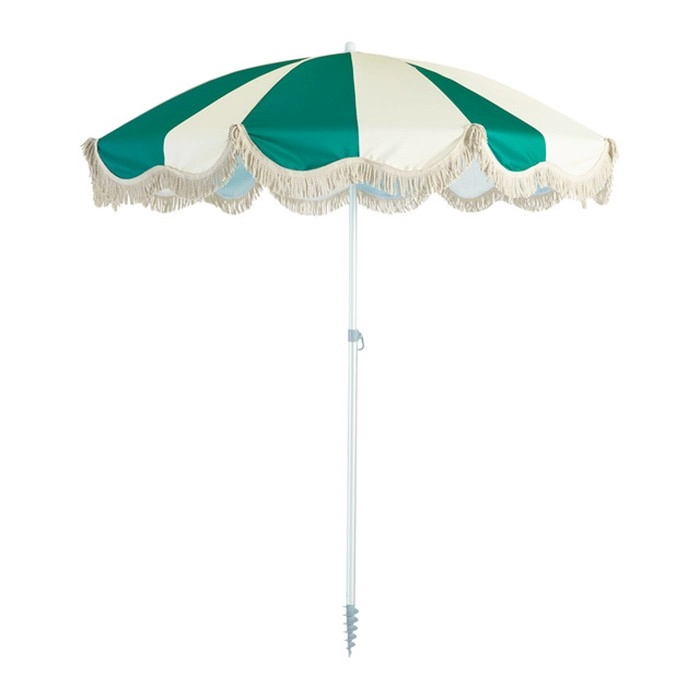 Marlowe Dark Green Stripe Fringed Beach Umbrella by Pillow Talk