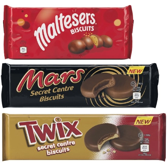 Mars, Twix, Bounty, Maltesers Biscuits 110-132g, Fox's Chocolate Rounds 130g, M&M Cookies 180g or Twix Cookies 144g