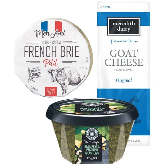 Red Rock Deli Dips 135g, Obela Hommus Dips 220g, Meredith Dairy Goat Cheese 80-100g, Mon Ami Brie or Camembert 125g or Tucker's Fruit Paste 120g – From the Fridge & Deli