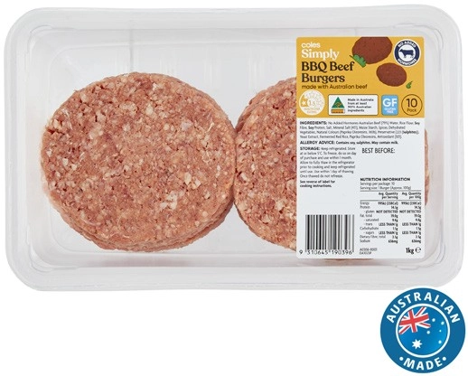 Coles Simply BBQ Beef Burgers 10 Pack 1kg