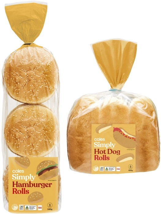 Coles Simply Hamburger Rolls 6 Pack 540g or Hot Dog Rolls 6 Pack 450g