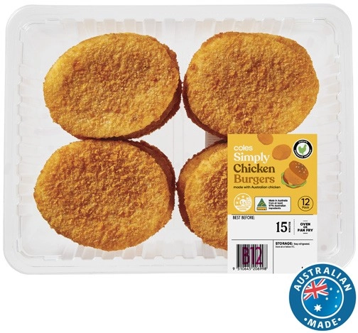 Coles Simply RSPCA Approved Chicken Burgers Plain Crumb 1.2kg