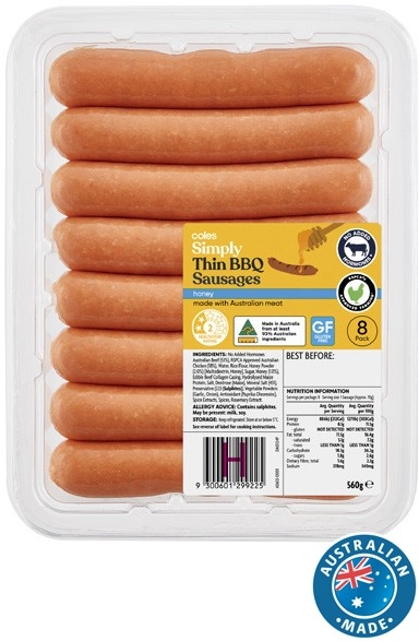 Coles Simply Thin BBQ Honey Sausages 8 Pack 560g