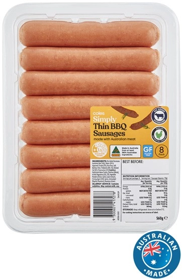 Coles Simply Thin BBQ Sausages 8 Pack 560g