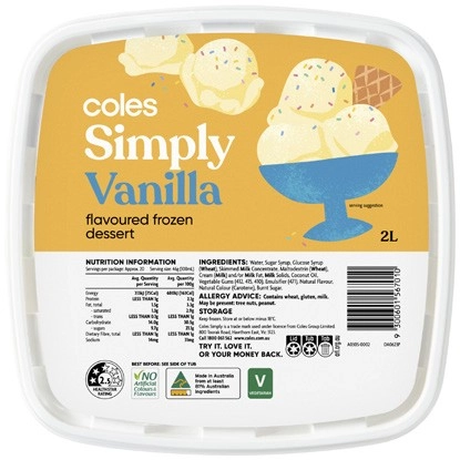 Coles Simply Vanilla Flavoured Frozen Dessert 2 Litre