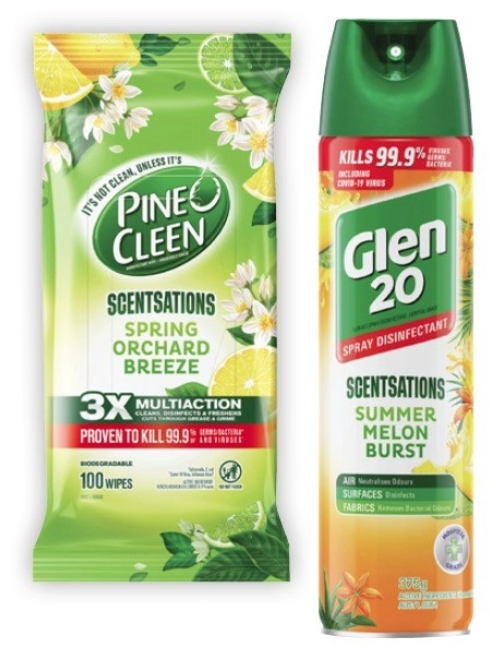 Glen 20 Scentsations Disinfectant Spray 375g or Pine O Cleen Scentsations Disinfectant Wipes 100 Pack