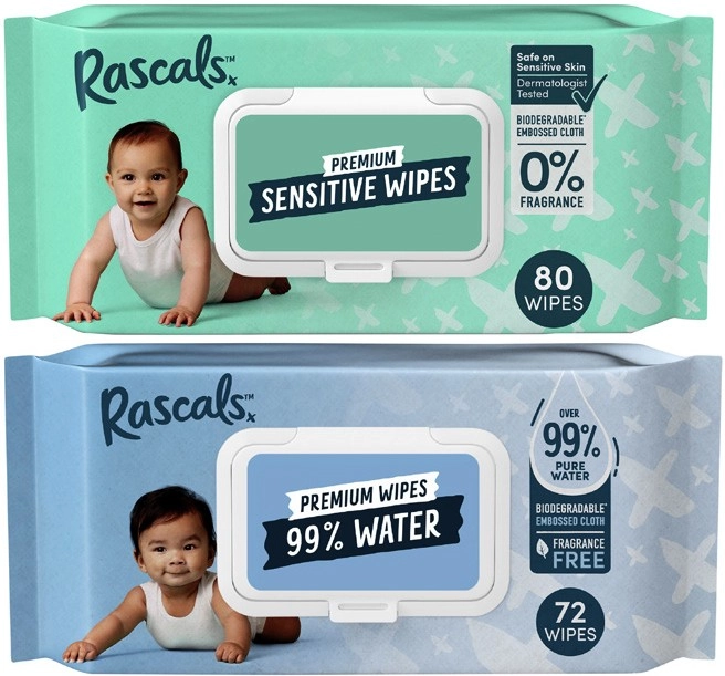 Rascals Premium Sensitive Wipes 80 Pack or Water Wipes 72 Pack