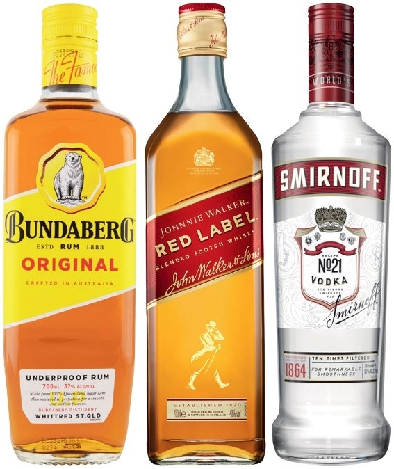 Bundaberg UP Rum, Johnnie Walker Red Label Scotch or Smirnoff Red Label Vodka 700mL