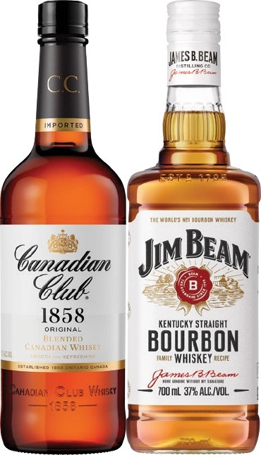 Candian Club Whisky or Jim Beam White Label Bourbon 700mL