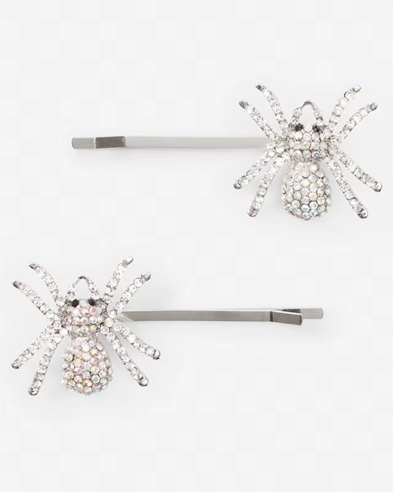 2 Pack Silver Tone Halloween Spider Slide Hair Clips